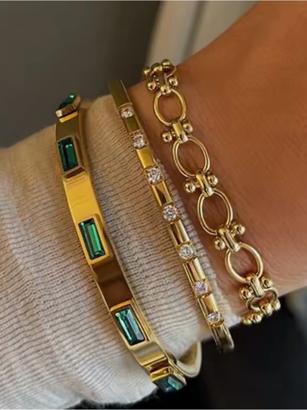 3pcs Gold and Emerald Three-Stack Bracelet stainless steel-for Women waterproof